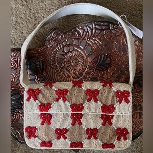 NEW Anthropologie Fiona Maeve Beaded Red Bows on Checker pattern bag small
